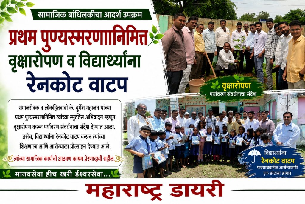 दुर्गेश महाजन यांच्या प्रथम पुण्यस्मरणानिमित्त वृक्षारोपण व विद्यार्थ्यांना रेनकोट वाटप 3 IMG 20260802 WA1191